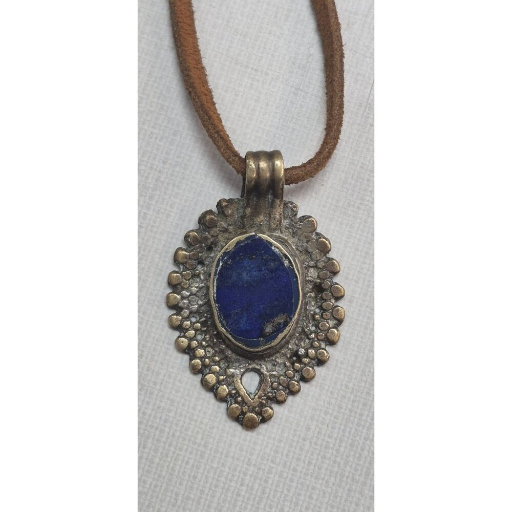 Antique Tribal-Style Blue Stone Pendant On Brown Leather Cord Necklace - Picture 13 of 14